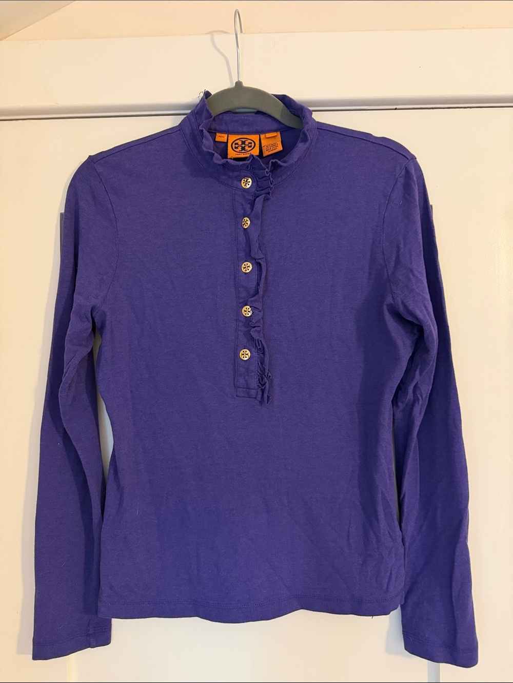 Tory Burch Violet Ruffle-Trim Henley Long Sleeve Top
